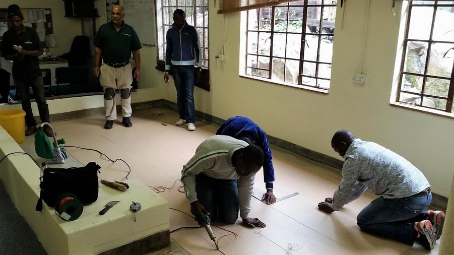 Men laying vinyl flooring